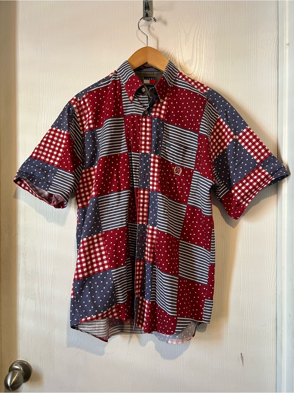 Tommy Hilfiger Patchwork USA Flag Stars Stripes Button Shirt Cotton men Sz XL